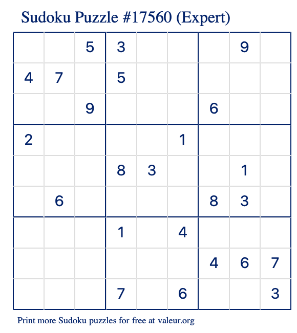 Free Printable Expert Sudoku Puzzle number 17560