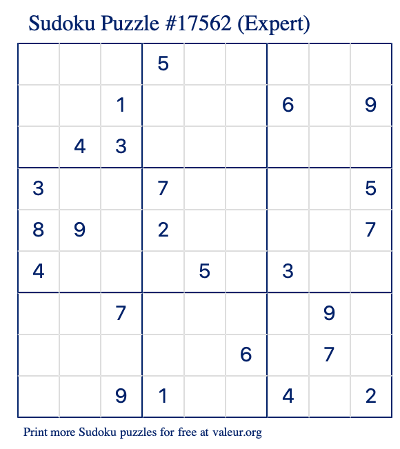 Free Printable Expert Sudoku Puzzle number 17562