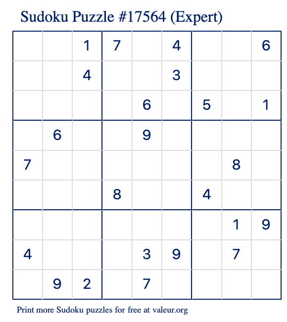 Free Printable Expert Sudoku Puzzle number 17564