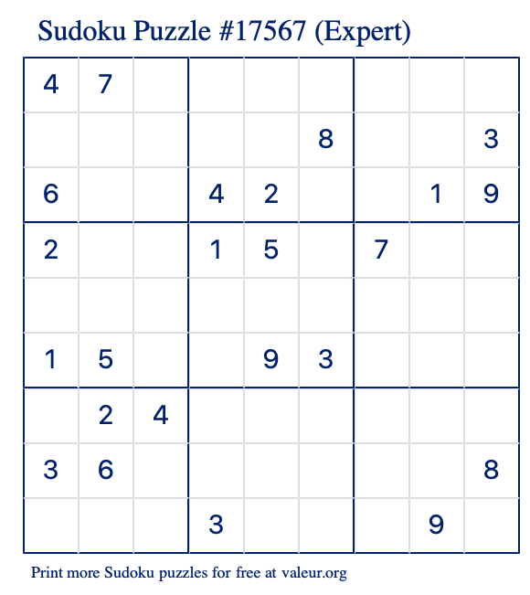 Free Printable Expert Sudoku Puzzle number 17567