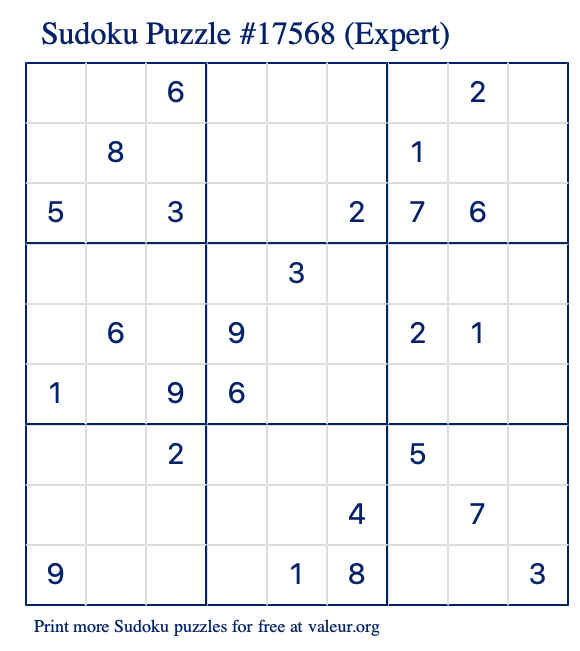 Free Printable Expert Sudoku Puzzle number 17568