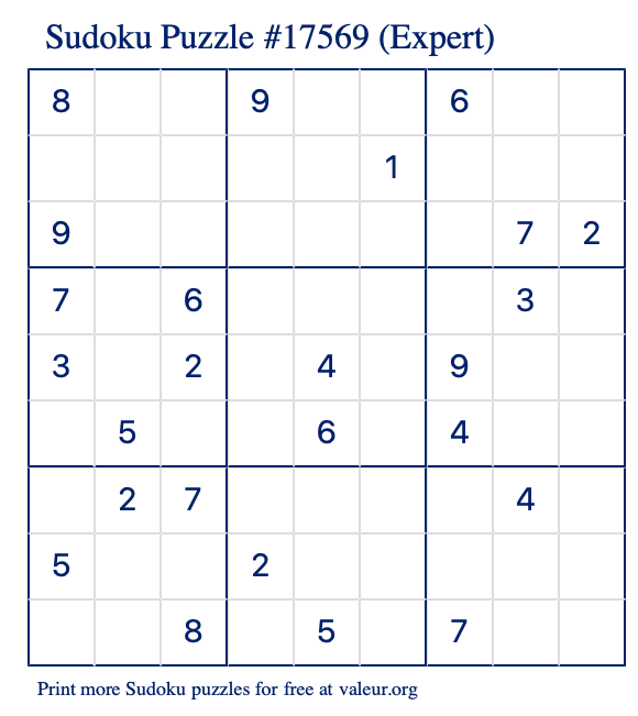 Free Printable Expert Sudoku Puzzle number 17569