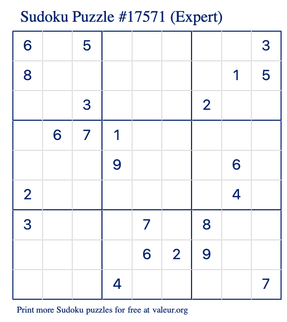 Free Printable Expert Sudoku Puzzle number 17571