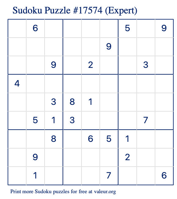 Free Printable Expert Sudoku Puzzle number 17574