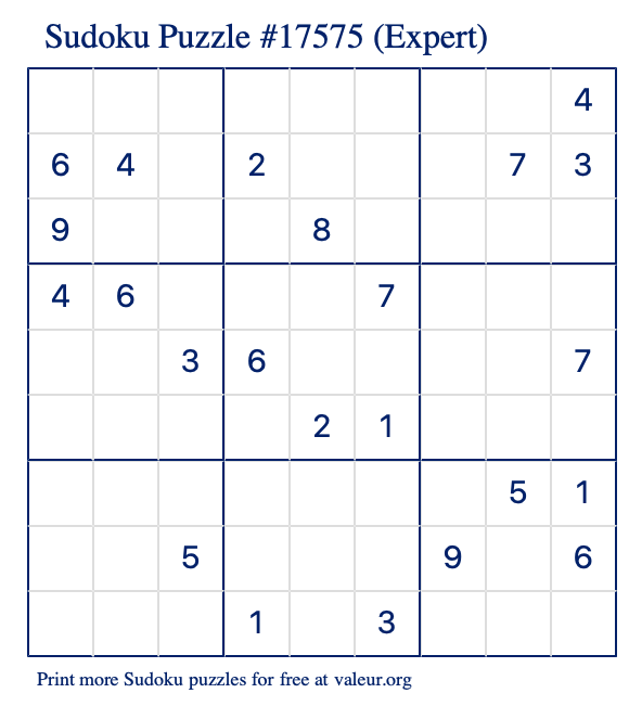 Free Printable Expert Sudoku Puzzle number 17575