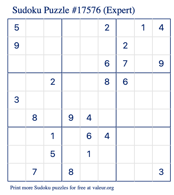 Free Printable Expert Sudoku Puzzle number 17576