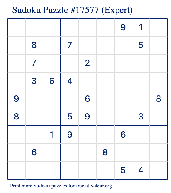 Free Printable Expert Sudoku Puzzle number 17577