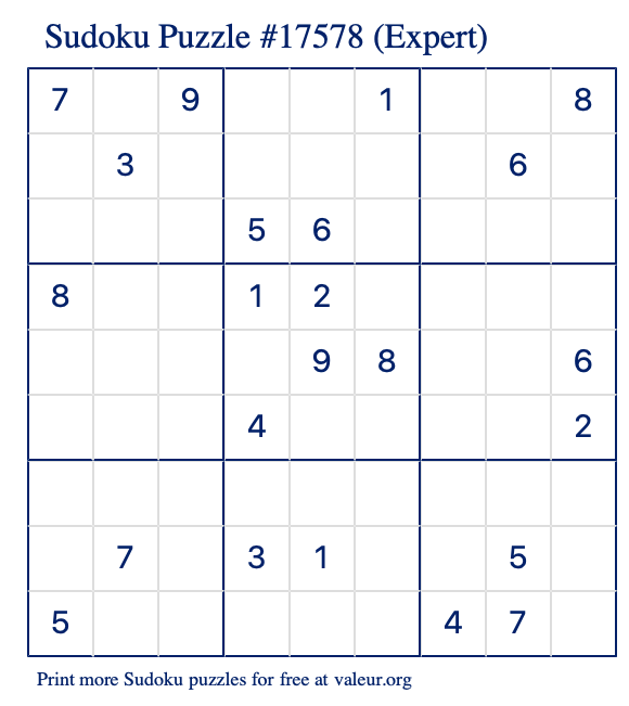 Free Printable Expert Sudoku Puzzle number 17578