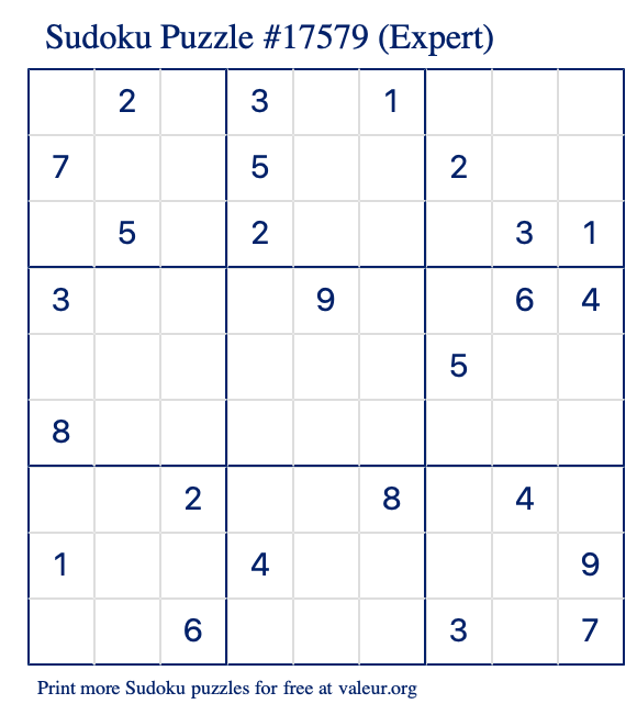 Free Printable Expert Sudoku Puzzle number 17579