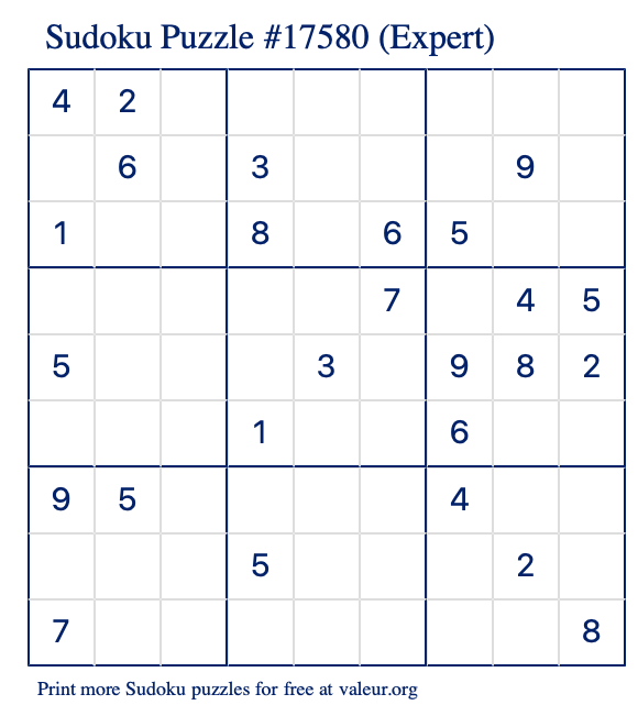 Free Printable Expert Sudoku Puzzle number 17580