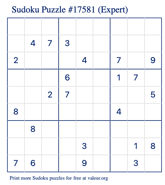 Free Printable Expert Sudoku Puzzle number 17581