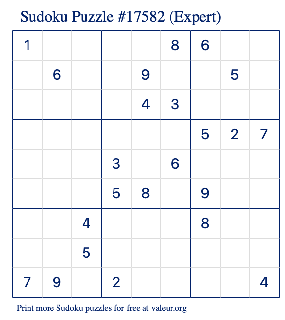 Free Printable Expert Sudoku Puzzle number 17582