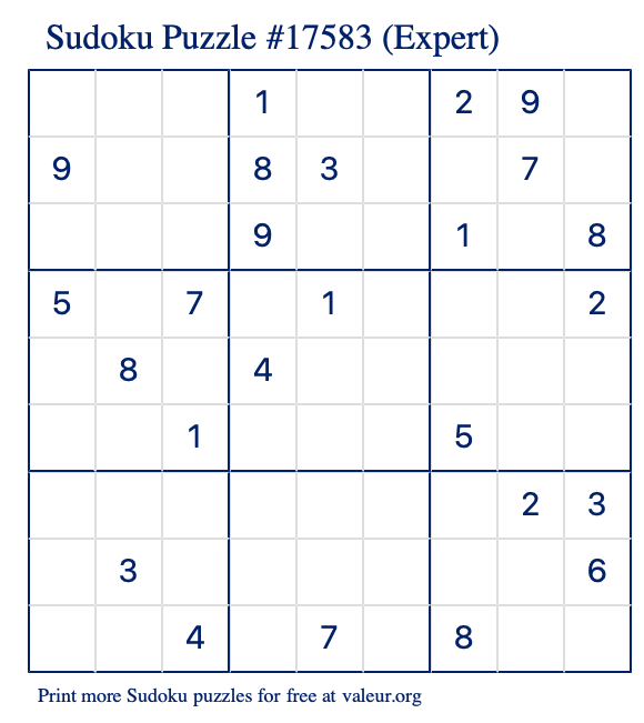 Free Printable Expert Sudoku Puzzle number 17583