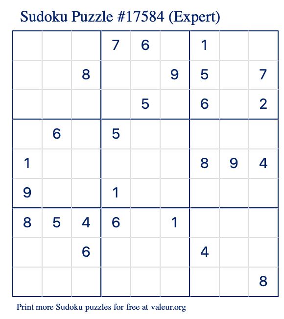 Free Printable Expert Sudoku Puzzle number 17584