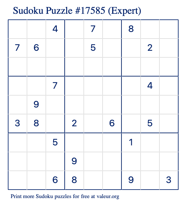 Free Printable Expert Sudoku Puzzle number 17585