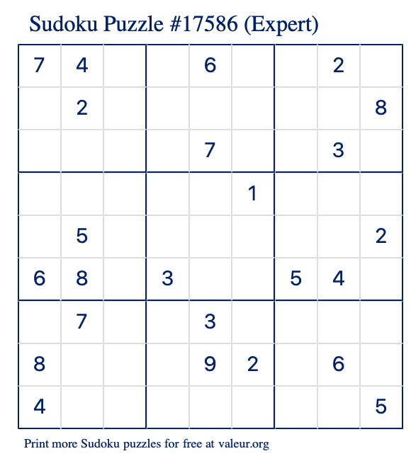 Free Printable Expert Sudoku Puzzle number 17586