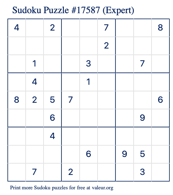 Free Printable Expert Sudoku Puzzle number 17587