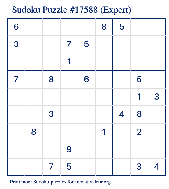 Free Printable Expert Sudoku Puzzle number 17588