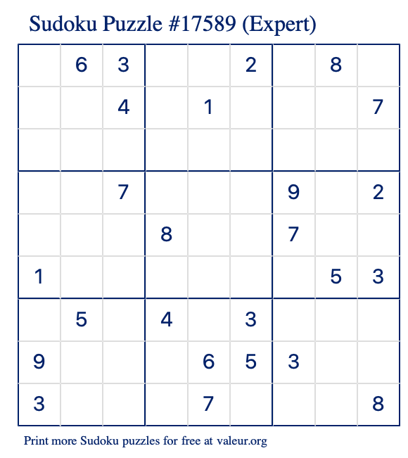 Free Printable Expert Sudoku Puzzle number 17589