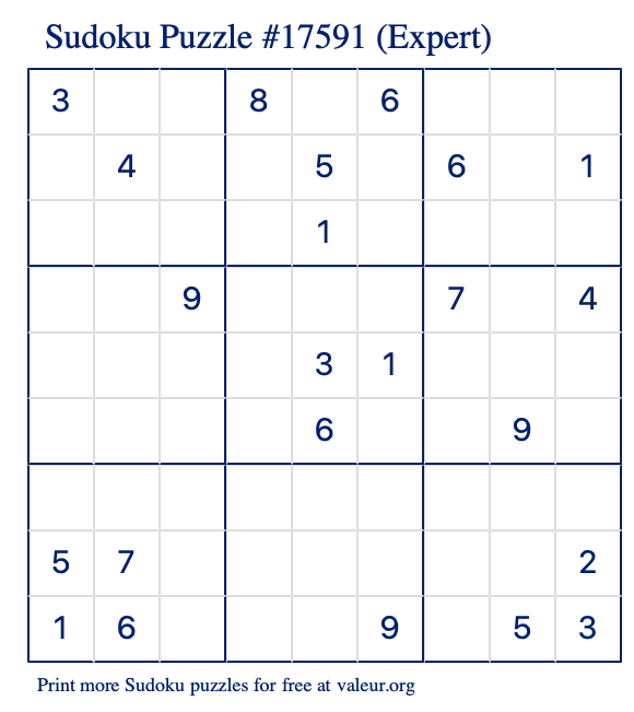 Free Printable Expert Sudoku Puzzle number 17591