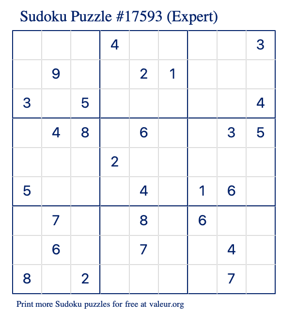 Free Printable Expert Sudoku Puzzle number 17593