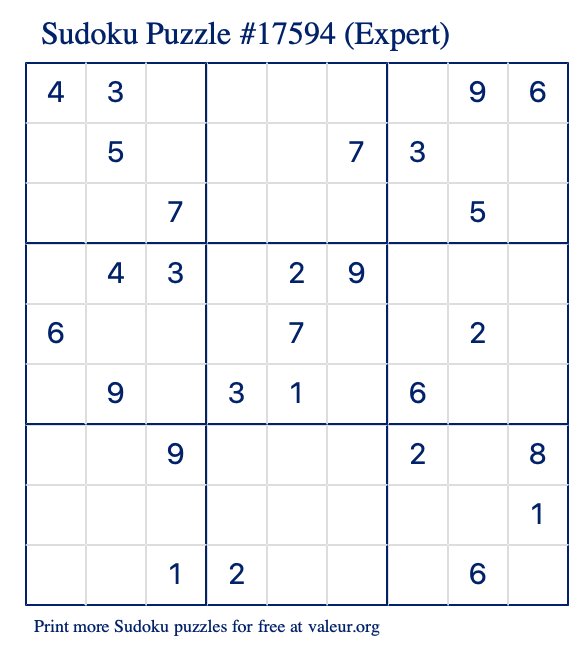 Free Printable Expert Sudoku Puzzle number 17594