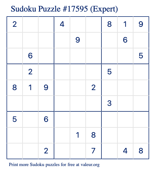 Free Printable Expert Sudoku Puzzle number 17595