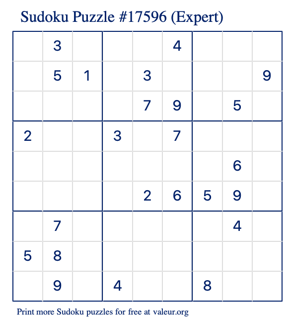 Free Printable Expert Sudoku Puzzle number 17596