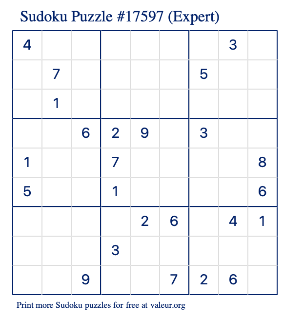 Free Printable Expert Sudoku Puzzle number 17597