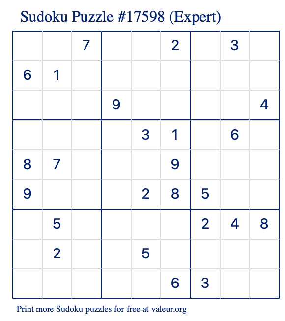 Free Printable Expert Sudoku Puzzle number 17598