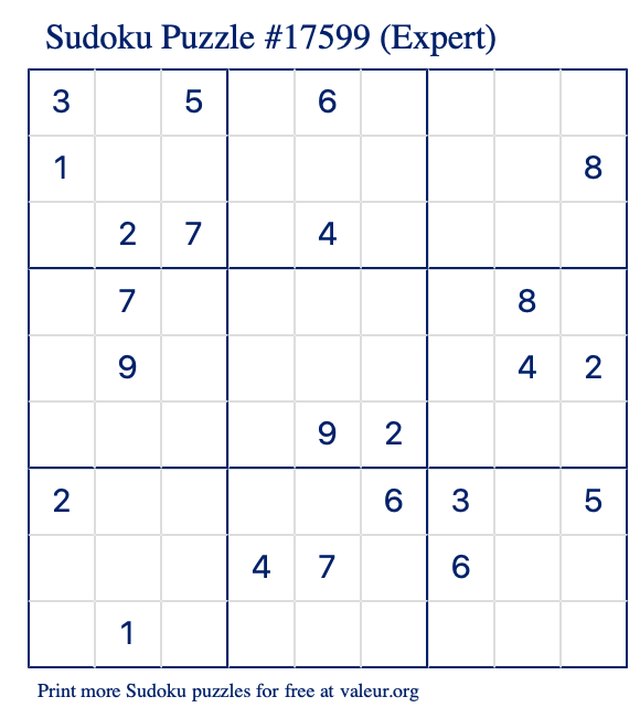 Free Printable Expert Sudoku Puzzle number 17599