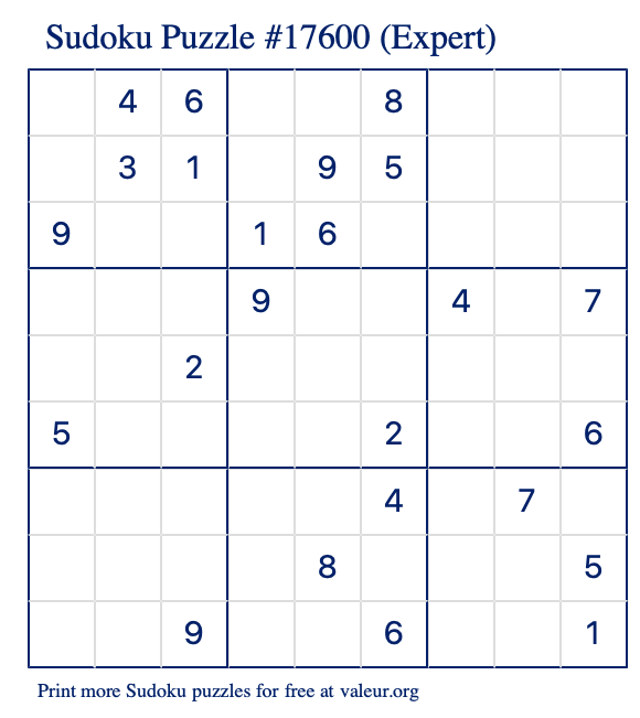 Free Printable Expert Sudoku Puzzle number 17600