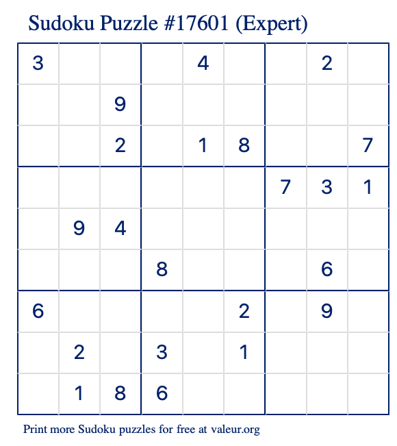 Free Printable Expert Sudoku Puzzle number 17601