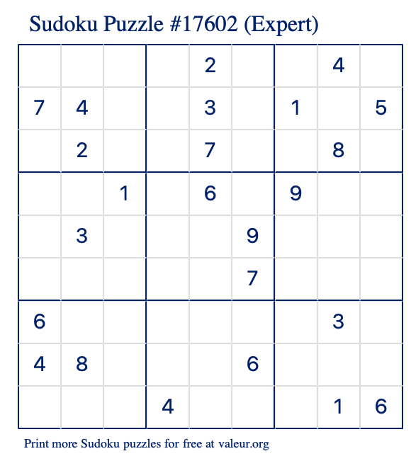 Free Printable Expert Sudoku Puzzle number 17602