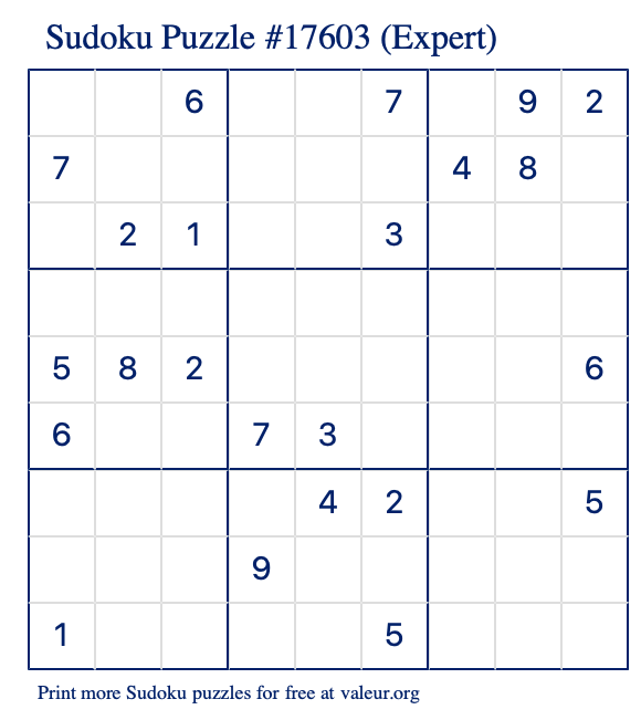 Free Printable Expert Sudoku Puzzle number 17603