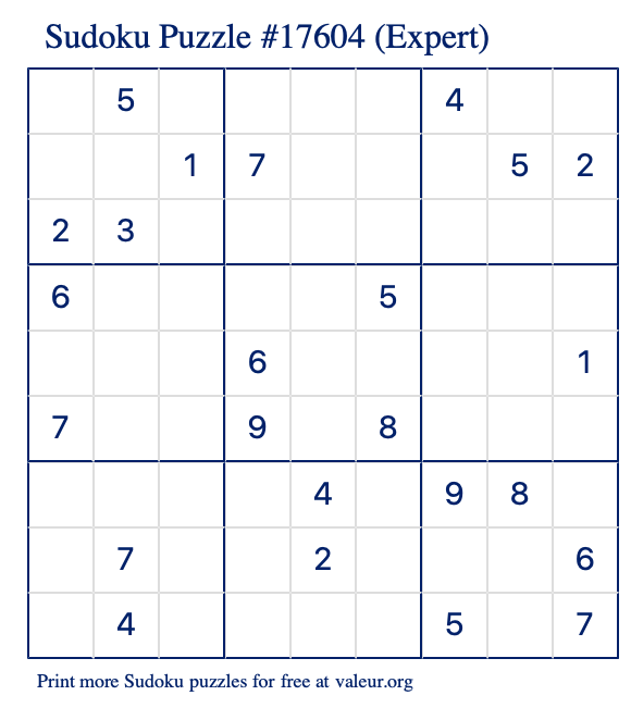 Free Printable Expert Sudoku Puzzle number 17604