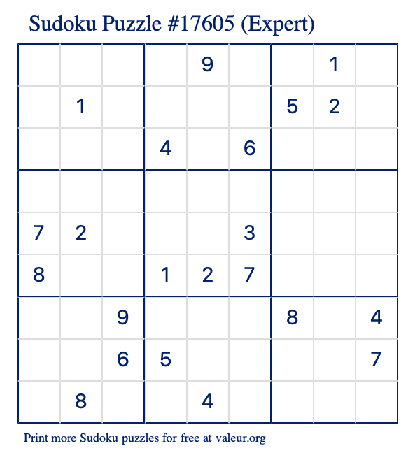 Free Printable Expert Sudoku Puzzle number 17605