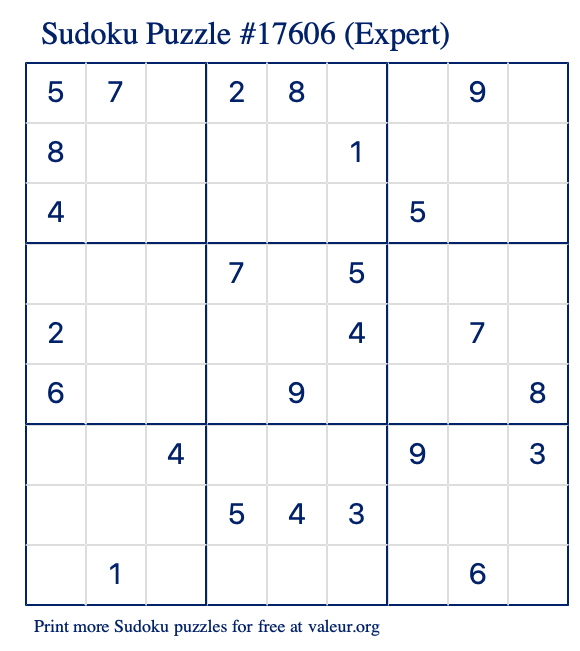 Free Printable Expert Sudoku Puzzle number 17606