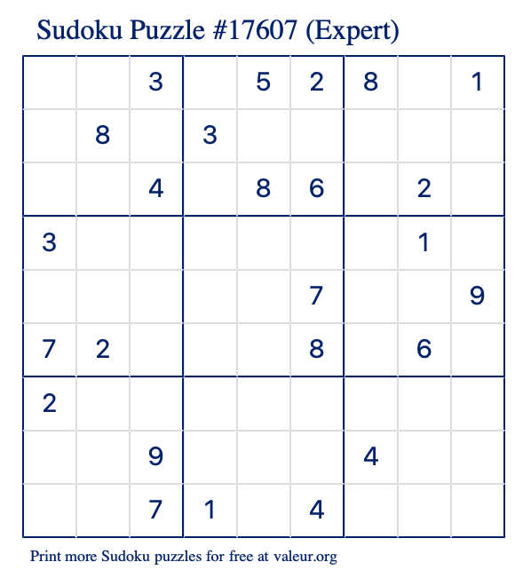 Free Printable Expert Sudoku Puzzle number 17607