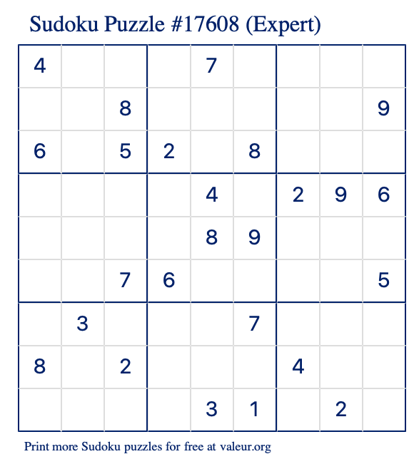 Free Printable Expert Sudoku Puzzle number 17608