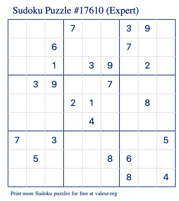 Free Printable Expert Sudoku Puzzle number 17610