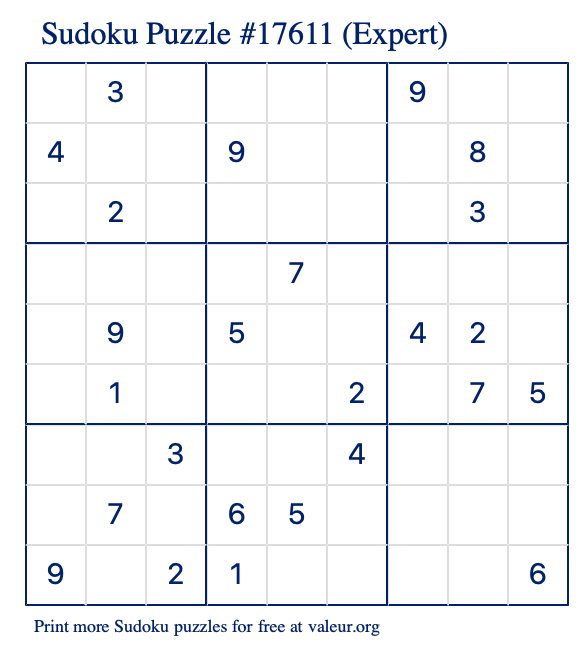 Free Printable Expert Sudoku Puzzle number 17611