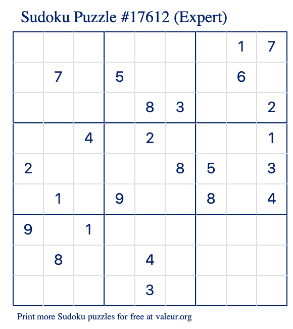 Free Printable Expert Sudoku Puzzle number 17612