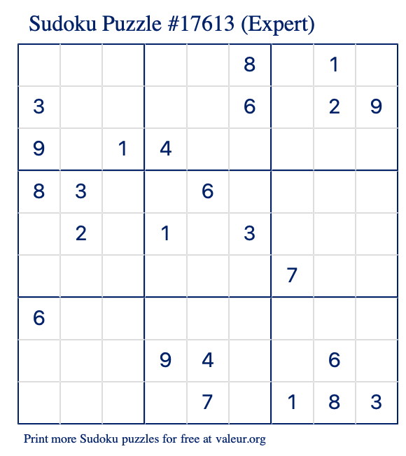 Free Printable Expert Sudoku Puzzle number 17613