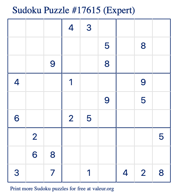 Free Printable Expert Sudoku Puzzle number 17615