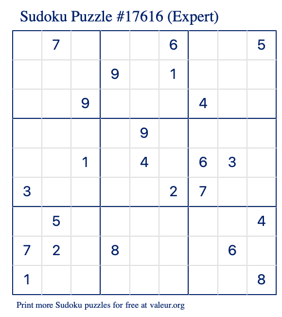 Free Printable Expert Sudoku Puzzle number 17616