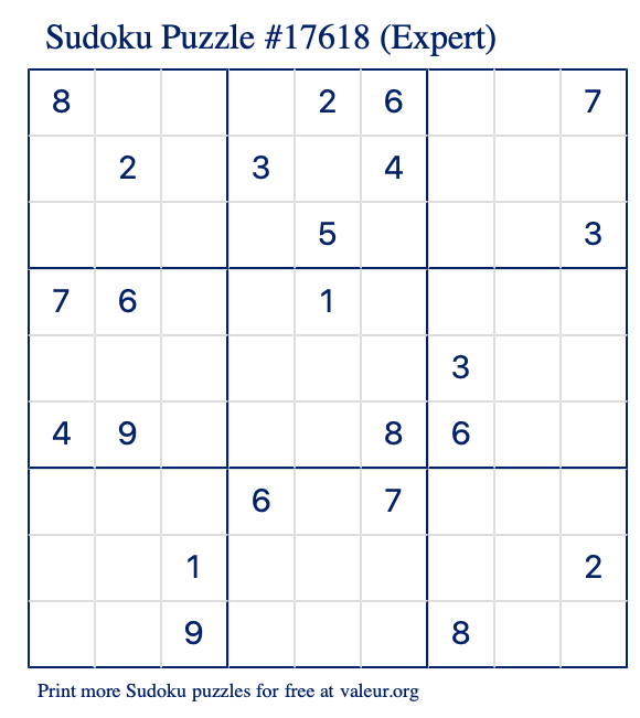 Free Printable Expert Sudoku Puzzle number 17618