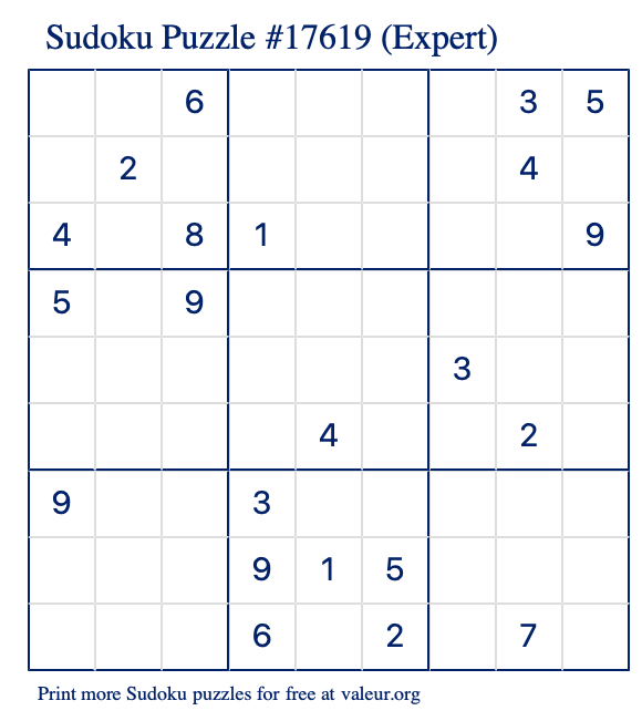 Free Printable Expert Sudoku Puzzle number 17619