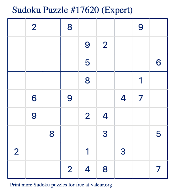 Free Printable Expert Sudoku Puzzle number 17620