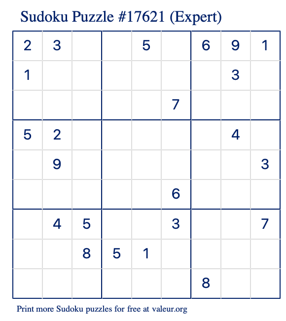 Free Printable Expert Sudoku Puzzle number 17621